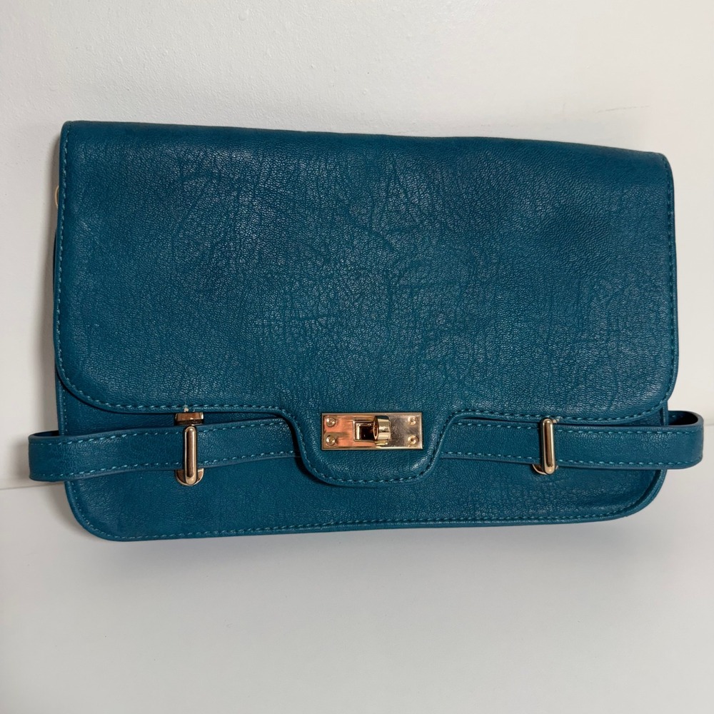 Moda Luxe‎ Crossbody Bag Womens Medium Teal Blue Vegan Leather Gold Chain Strap
